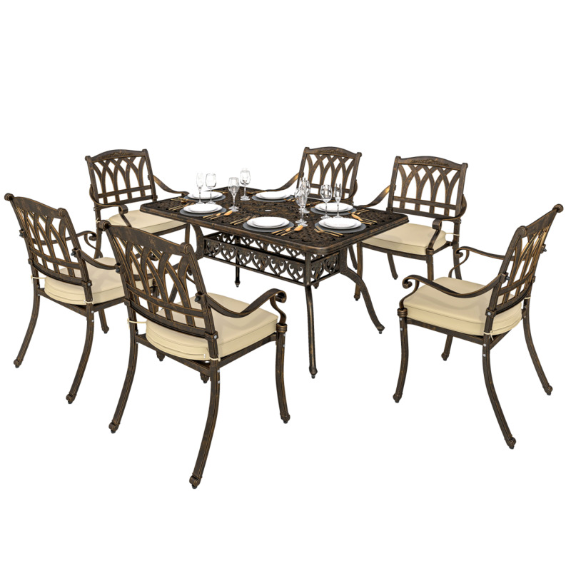 Outsunny 7 Piece Cast Aluminium Garden Dining Set With Parasol Hole - Bronze, Rectangular Table & 6 Chairs