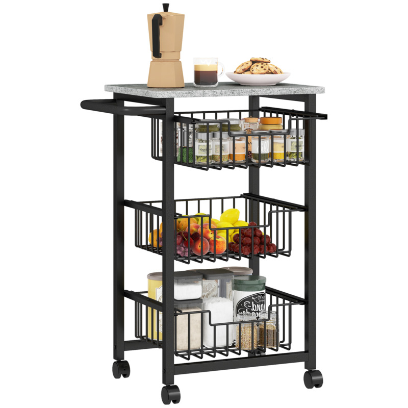Homcom 3-tier Kitchen Island On Wheels With 3 Mesh Baskets & Marble-effect Countertop - Light Grey