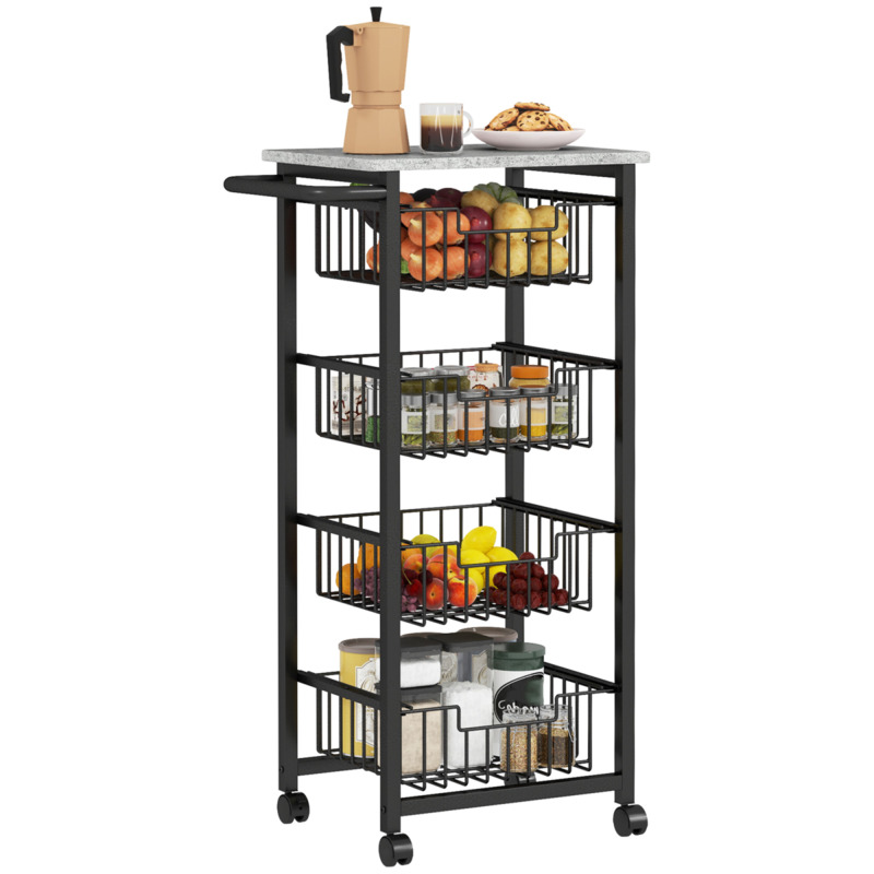 Homcom Marble-effect Kitchen Trolley On Wheels With 4 Pull-out Baskets - Light Grey