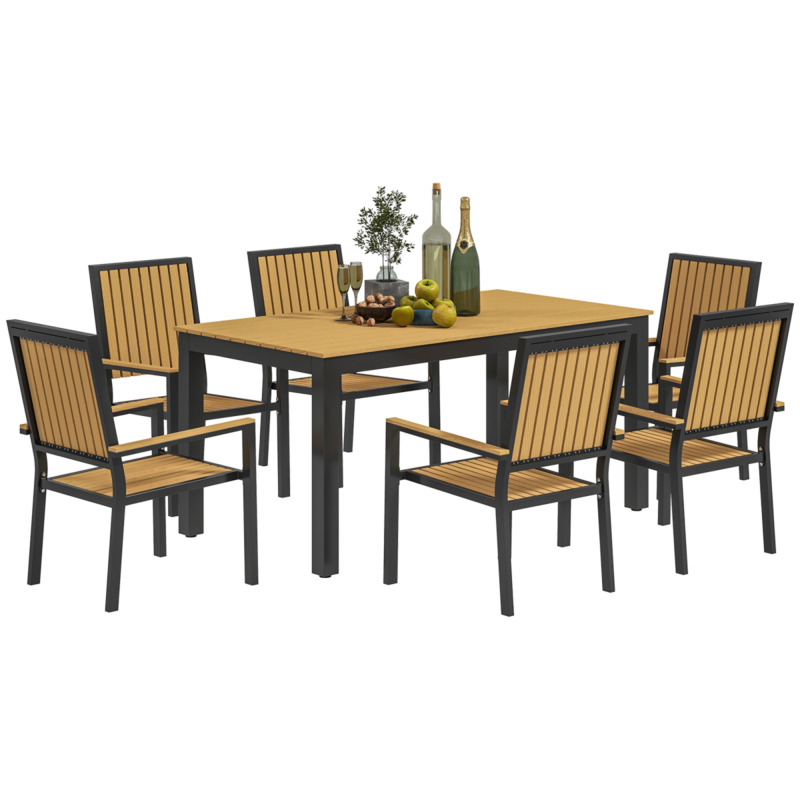 Outsunny 6 Seater Aluminium Garden Dining Set With Stackable Chairs Wood Plastic Composite Tabletop Natural