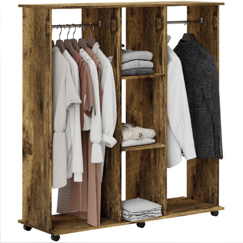 Homcom Particle Board Open Wardrobe With 2 Aluminium Hanging Rails 3 Shelves Rustic Brown 6 Wheels