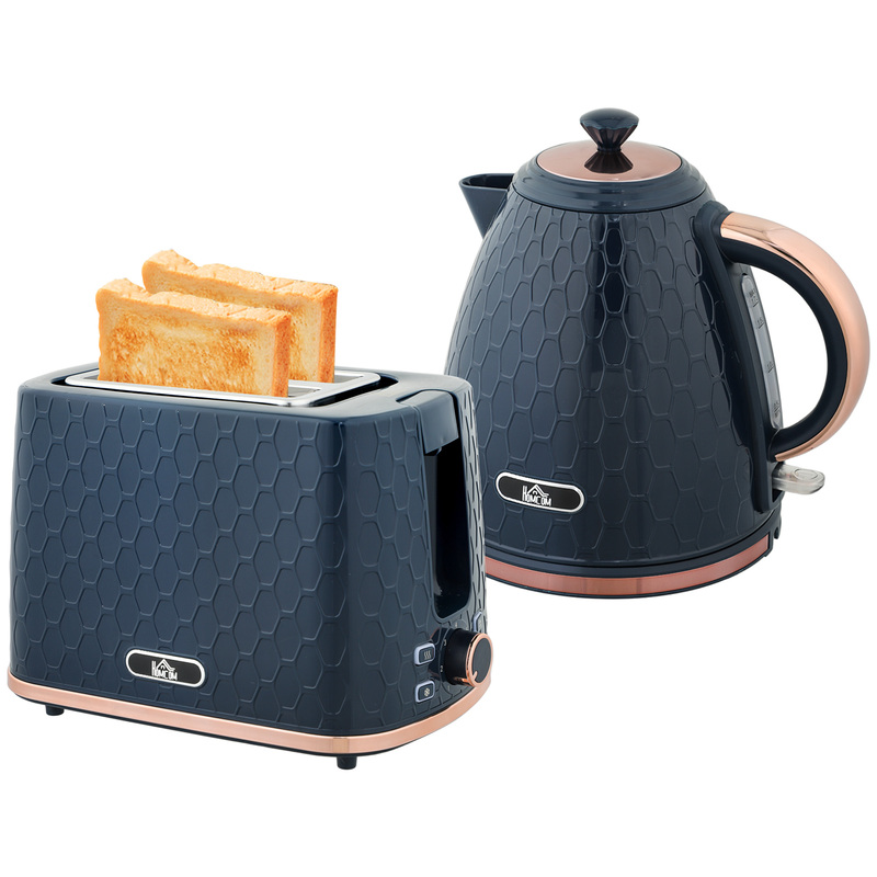 Homcom Honeycomb Kettle And Toaster Set - 1.7l Rapid Boil, 2-slice Toaster - Blue