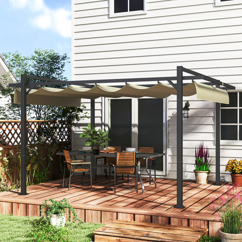 Outsunny 3 X 4m Aluminium Retractable Roof Pergola - Khaki
