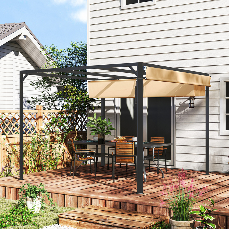 Outsunny 3m X 3m Aluminium Pergola With Retractable Canopy & Roller Shade - Khaki