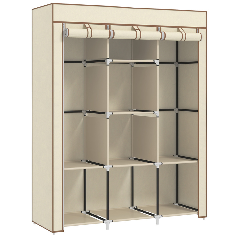 Homcom Fabric Portable Wardrobe With 8 Shelves 2 Hanging Rails - Cream White