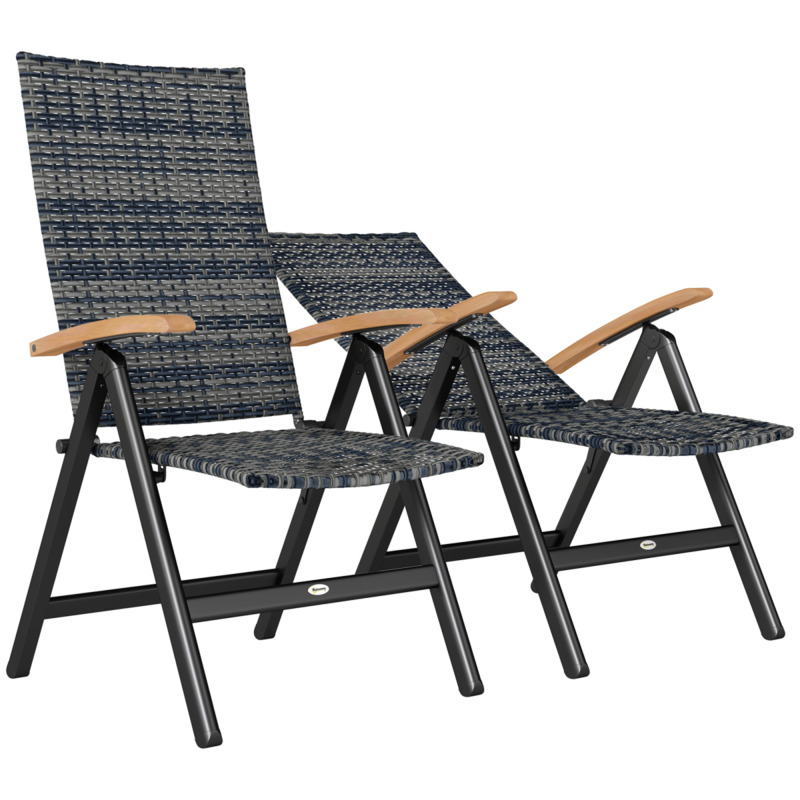 Outsunny Folding Garden Dining Chair - Grey Plastic Rattan Steel Frame Wooden Armrests