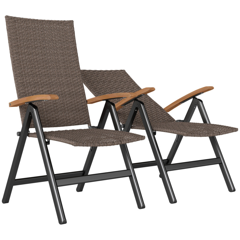 Outsunny Plastic Rattan Folding Garden Dining Chair With Wooden Armrests - Brown