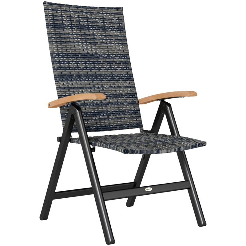 Outsunny Folding Rattan Garden Chair With Wooden Armrests - Mixed-grey