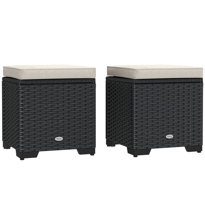 Outsunny Set Of 2 Rattan Footstool Storage Ottoman W/ Cream Cushions