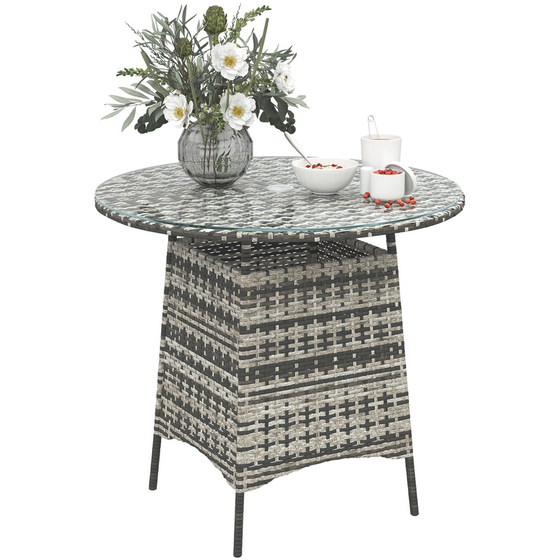 Outsunny Grey Rattan Coffee Table With Tempered Glass Top Umbrella Hole - Garden Patio Furniture