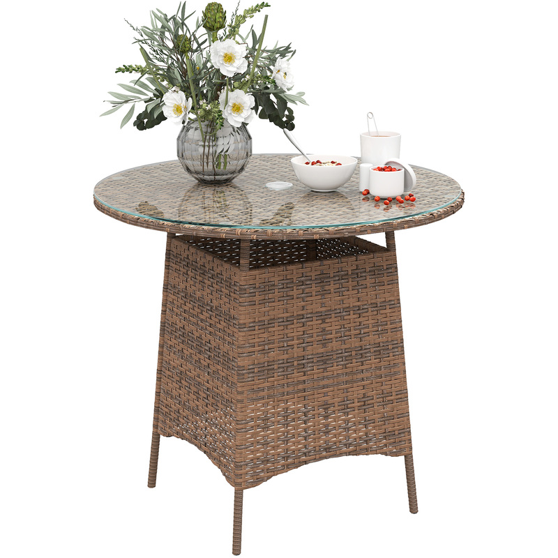 Outsunny Rattan Garden Coffee Table With Umbrella Hole - Brown Tempered Glass Top