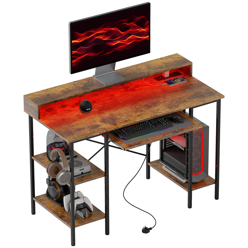 Homcom Rgb Led Gaming Computer Desk With Monitor Stand Rustic Brown
