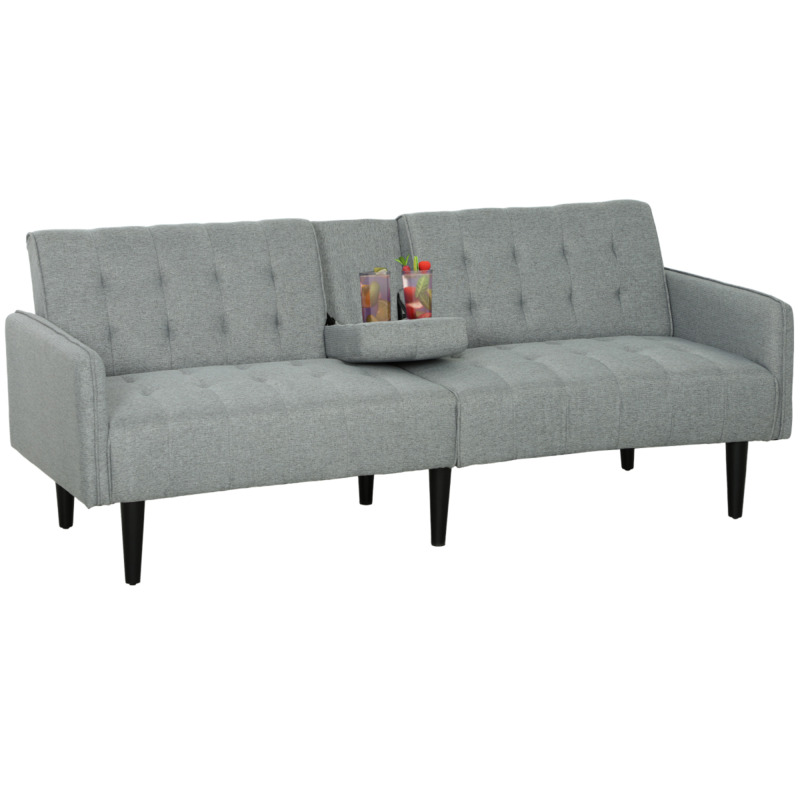 Homcom Linen-look 3-seater Sofa Bed With Reclining Backrest & Cup Holders - Light Grey
