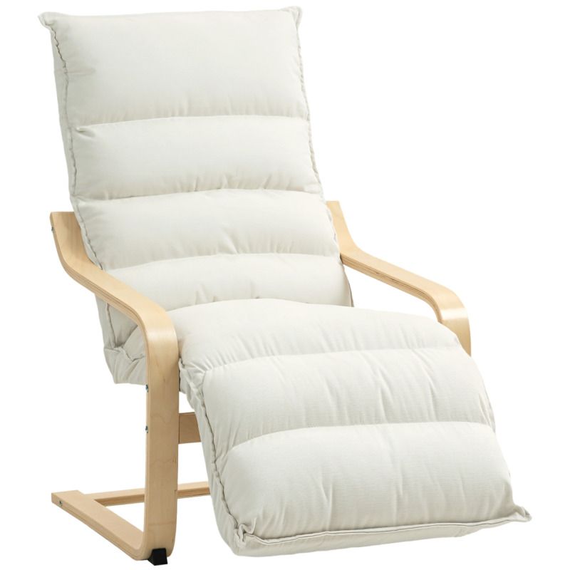 Homcom Birch Wood Rocking Lounge Chair - 12cm Padded Seat, Adjustable Footrest, Cream White