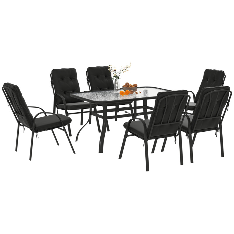 Outsunny 7 Piece Rattan Garden Dining Set With Parasol Hole & Cushions - Black