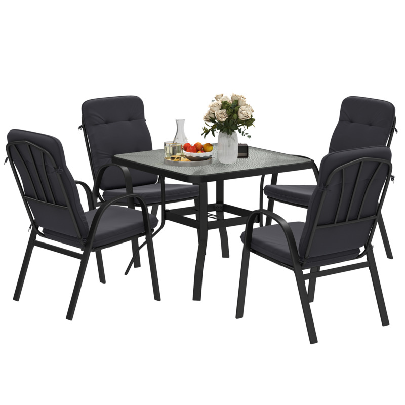 Outsunny Steel Garden Dining Set With Tempered Glass Table & Parasol Hole - Black