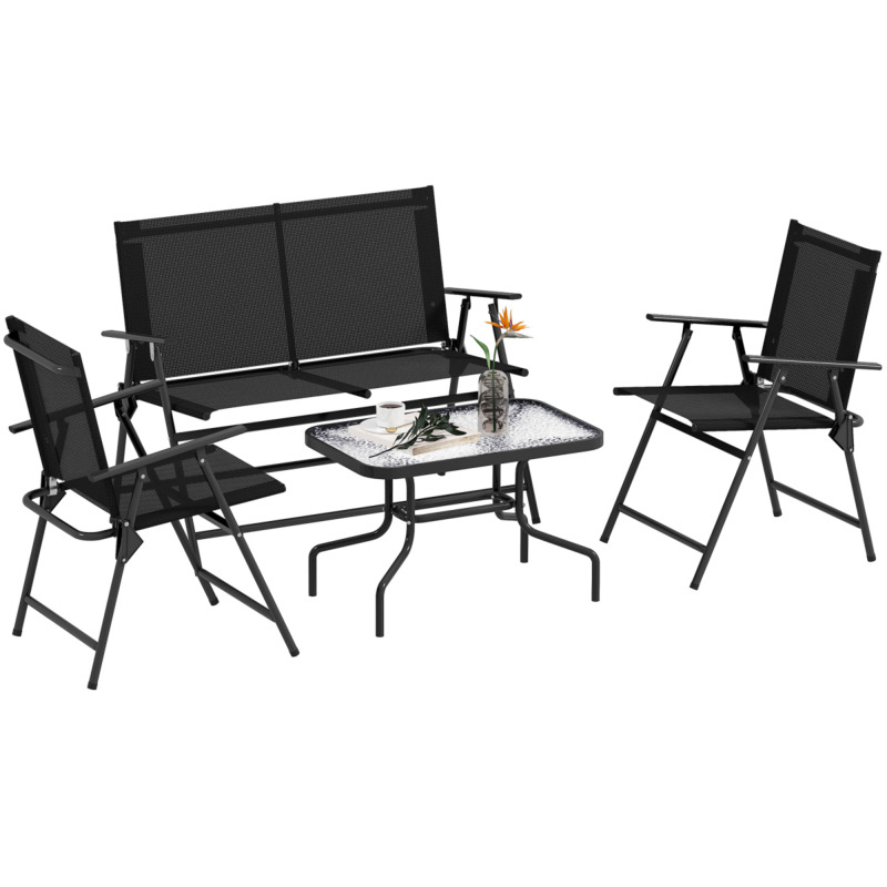 Outsunny 4 Piece Steel Mesh Garden Furniture Set With Tempered Glass Table - Foldable Chairs Loveseat