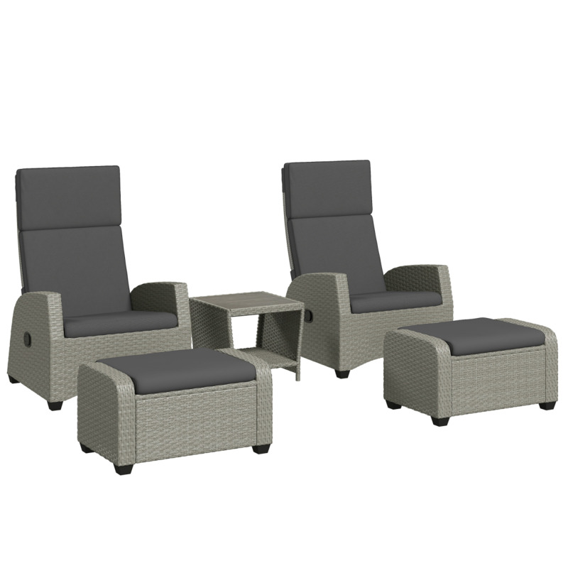 Outsunny 5 Piece Grey Rattan Garden Furniture Set With Reclining Chairs And Footstools