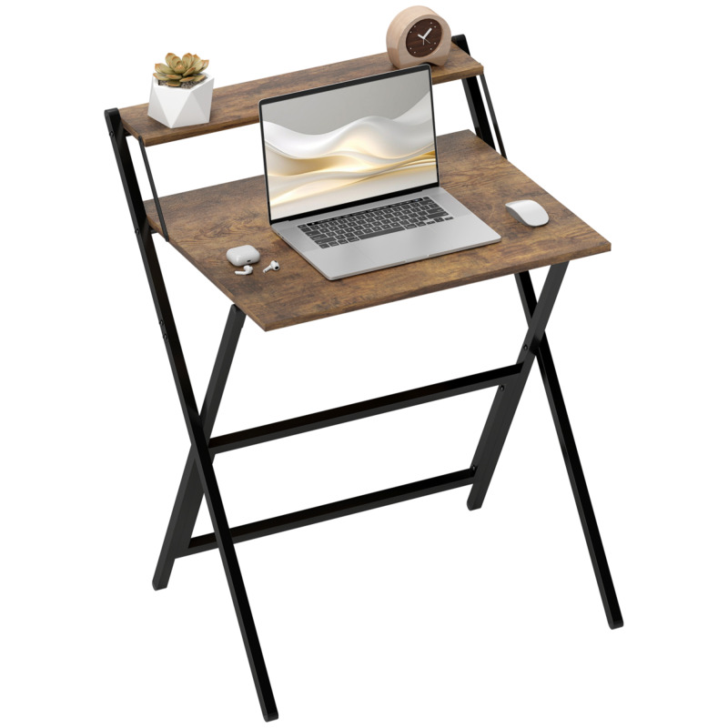 Homcom Folding Computer Desk With Top Shelf - Rustic Brown - 70cm Wide