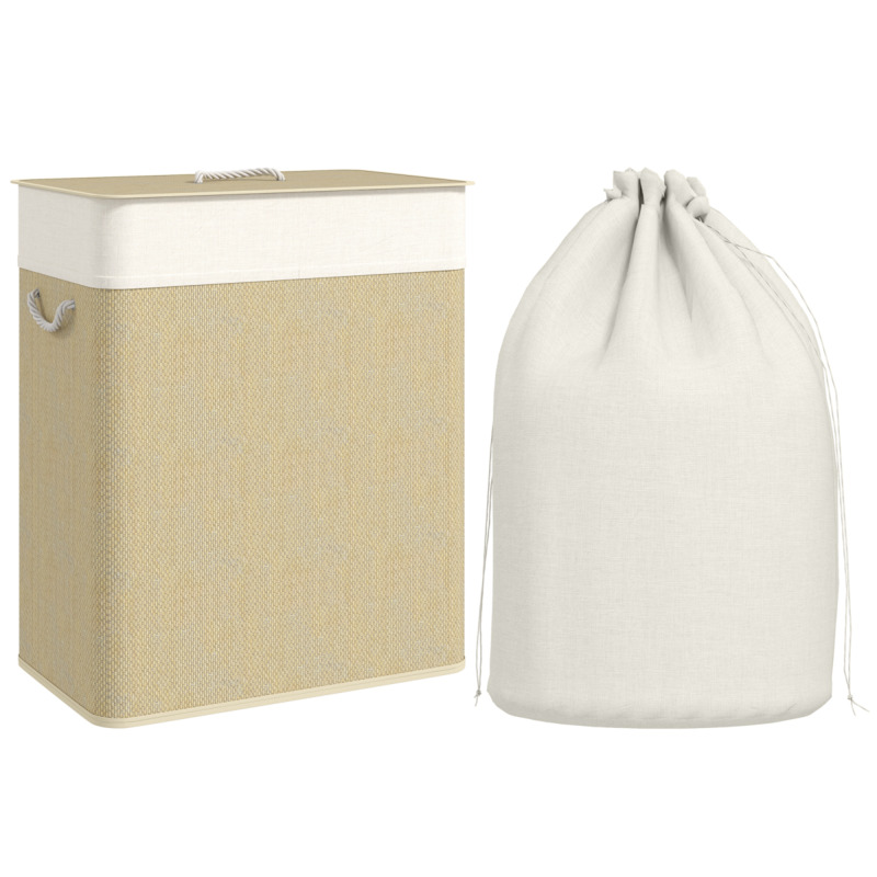 Homcom 100l Bamboo-look Laundry Basket With Lid & Handles, Cream, 2 X 50l Compartments