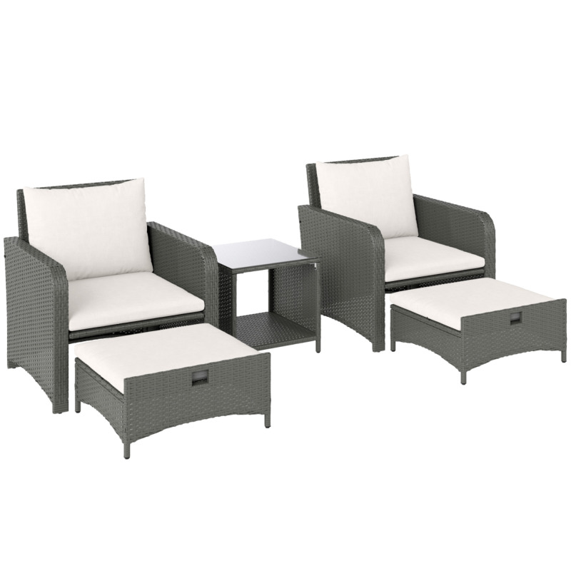 Outsunny Rattan Patio Conversation Set With 2 Armchairs, 2 Footstools & Cushions - Cream