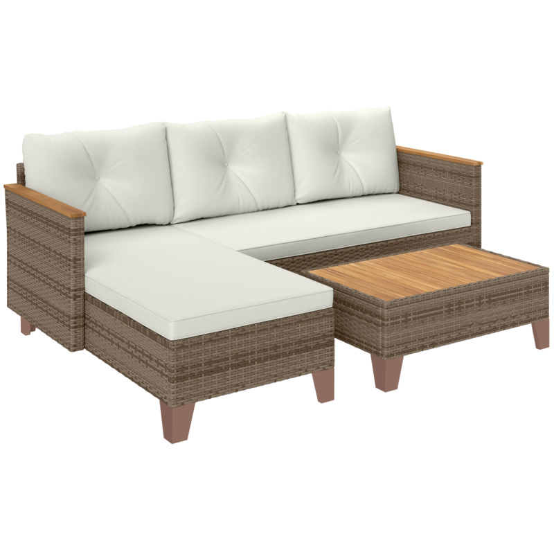 Outsunny L-shaped Rattan Chaise Lounge Garden Furniture Set With Acacia Wood Coffee Table - Cream