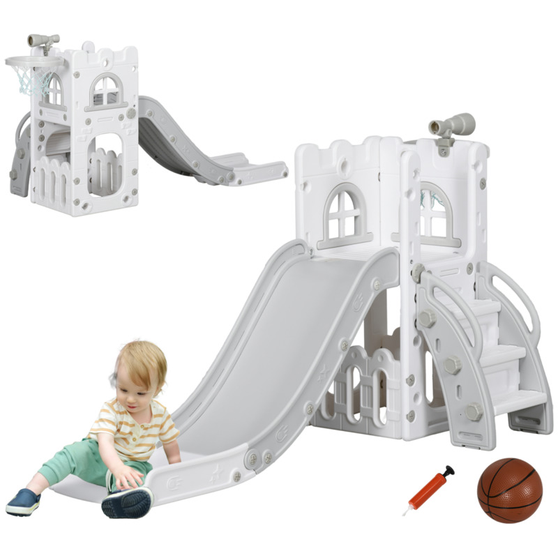 Aiyaplay 4-in-1 Toddler Slide Climber With Basketball Hoop & Telescope - Grey For Ages 1-3 Indoor Use