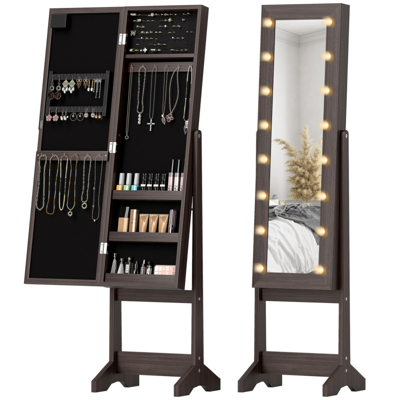 Homcom Freestanding Led Mirrored Jewellery Cabinet With 70 Ring Slots, 32 Earring Spaces & 12 Hooks - Dark Brown