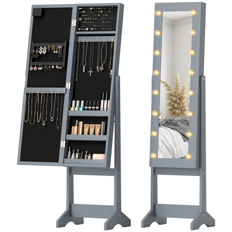 Homcom Freestanding Mirrored Jewellery Cabinet With Led Lights - Grey