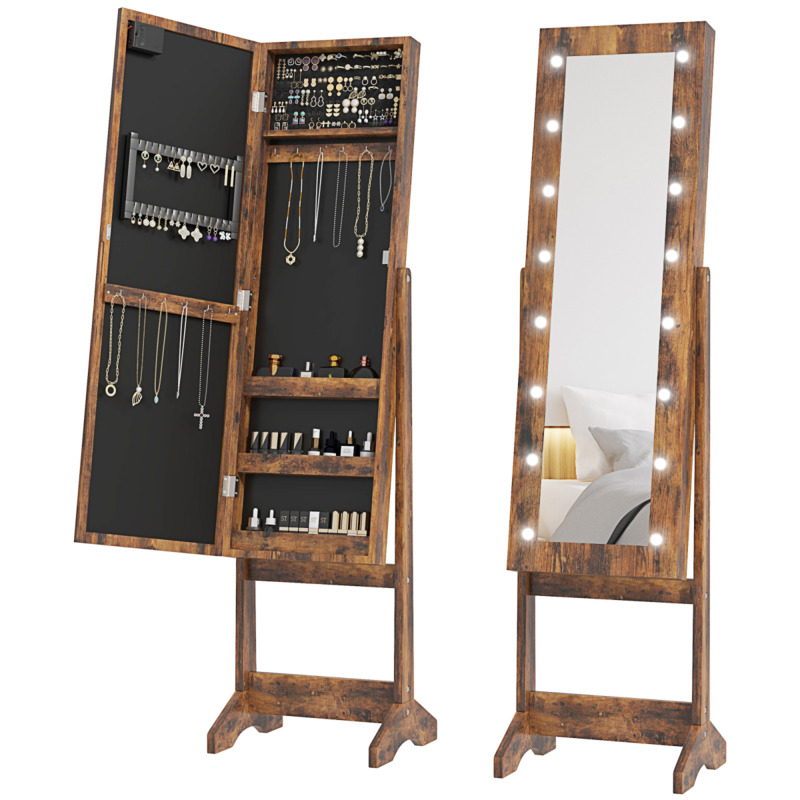 Homcom Rustic Brown Mirrored Jewellery Cabinet With 16 Led Lights - Freestanding