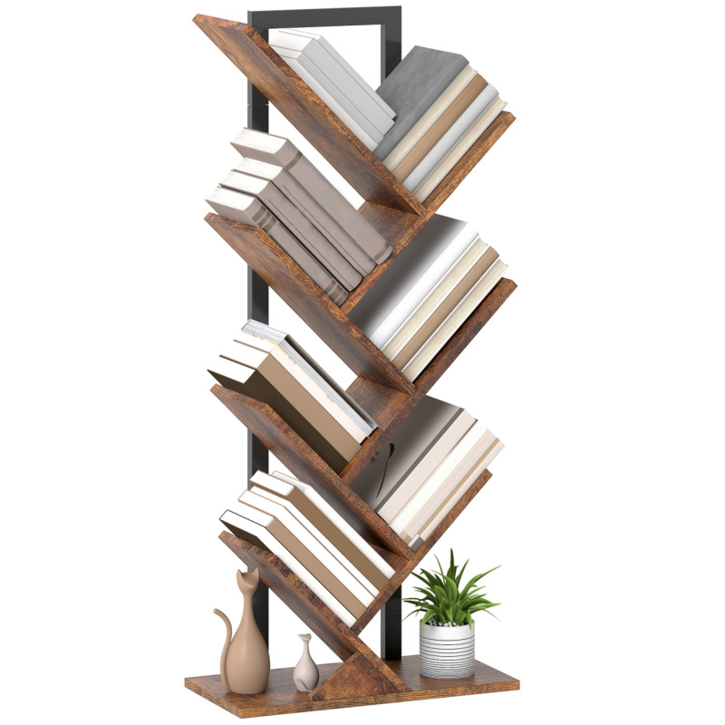 Homcom Rustic Brown Steel Frame 7-tier Tree Bookshelf - Living Room Display Storage