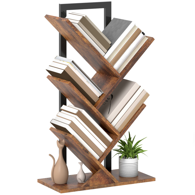 Homcom Wood-effect Tree Bookshelf With Steel Frame - Rustic Brown