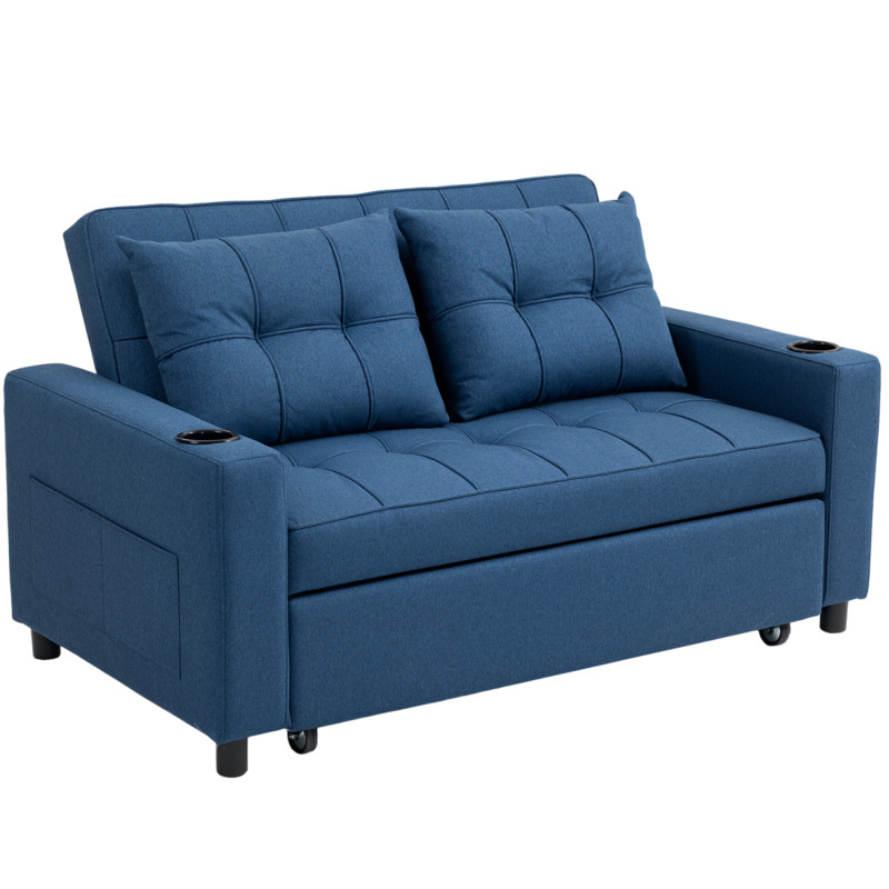 Homcom Linen-look 2-seater Sofa Bed With Pockets & Cup Holders - Dark Blue