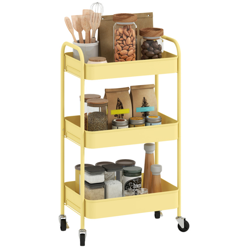 Homcom Yellow 3-tier Rolling Utility Cart With 3 Mesh Baskets