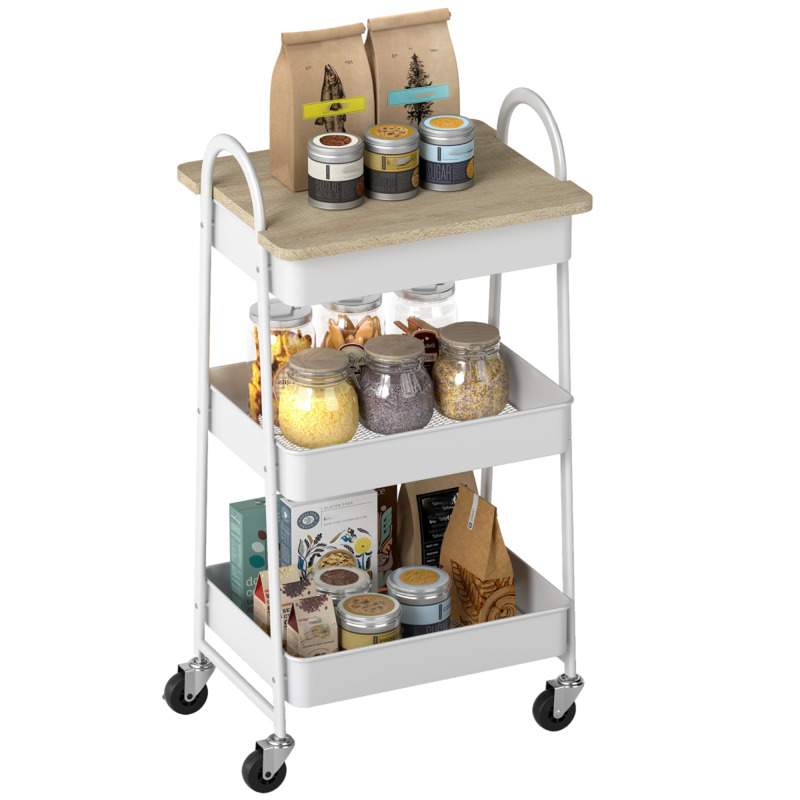 Homcom Metal Particleboard Rolling Utility Cart With Mesh Baskets - White Oak