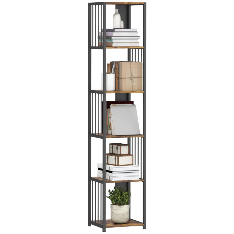 Homcom Rustic Brown 5-tier Bookshelf - Metal Frame Display Storage Unit 180cm