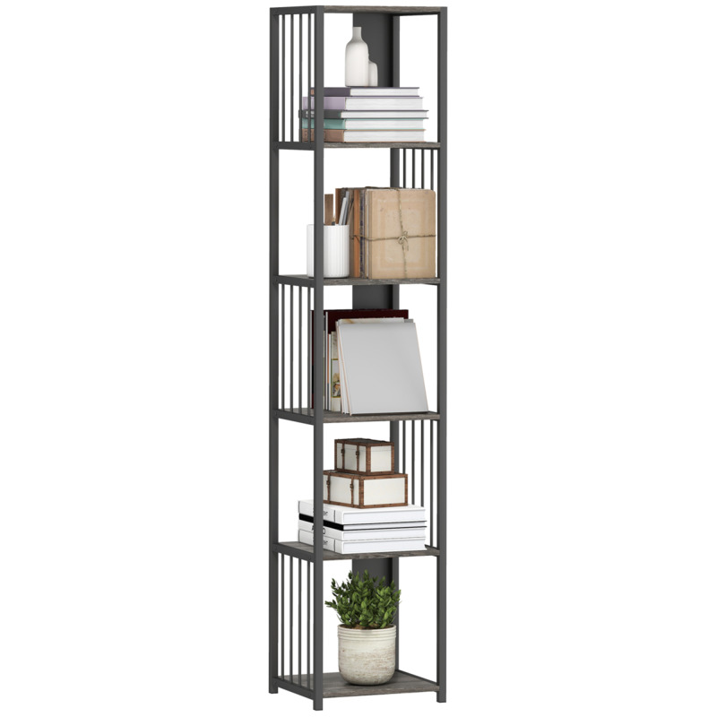 Homcom Grey Wood-effect 5-tier Bookshelf - 60kg Capacity, Steel Frame