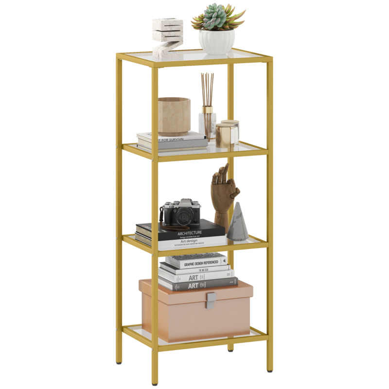 Homcom Glass And Black 4-tier Shelving Unit Bookshelf - Gold Tone