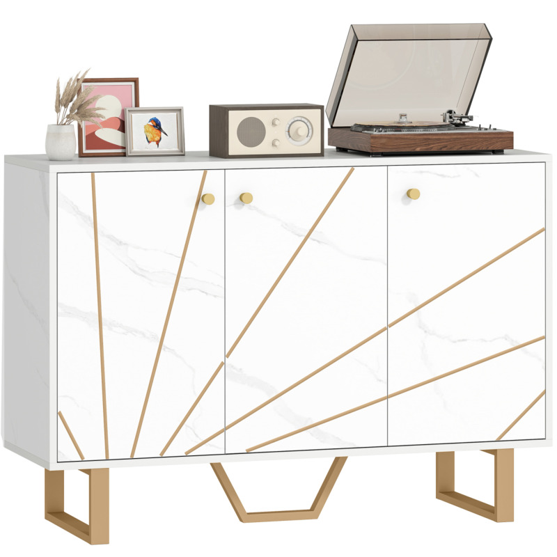 Homcom Marble-effect Sideboard Storage Cupboard With Gold Legs - White