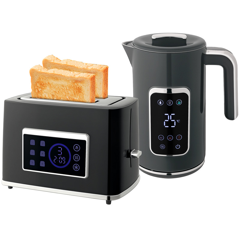 Homcom Grey 1.7l Rapid Boil Kettle & 2 Slice Toaster Set - 6 Temp Settings, 6 Browning Levels, Led Display