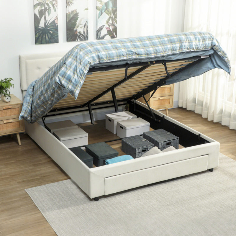 Homcom King Size Ottoman Bed Frame - 157.5 X 203.5cm Storage, Gas-lift, Wheeled Drawer, Cream