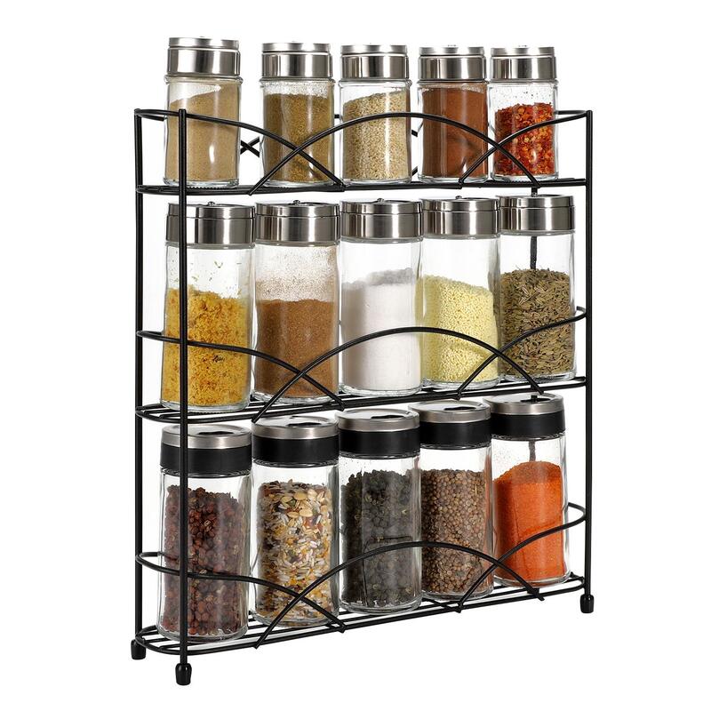Vinsani 3-tier Spice Rack Organiser - Freestanding Kitchen Shelf For Jars Bottles - Black