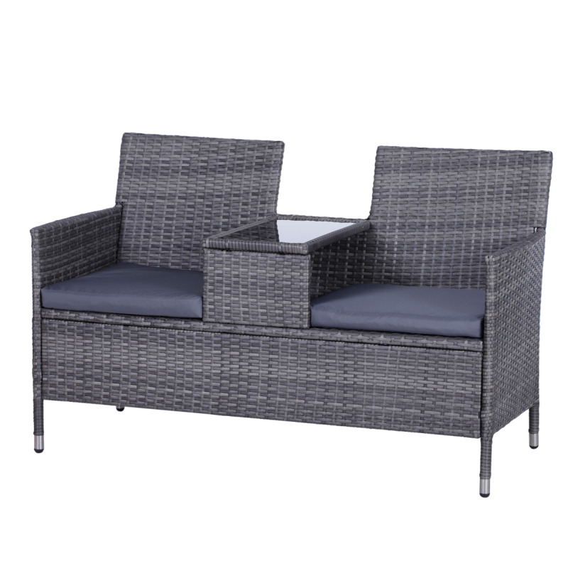 Outsunny 2-seater Pe Rattan Garden Bench With Centre Table - Grey