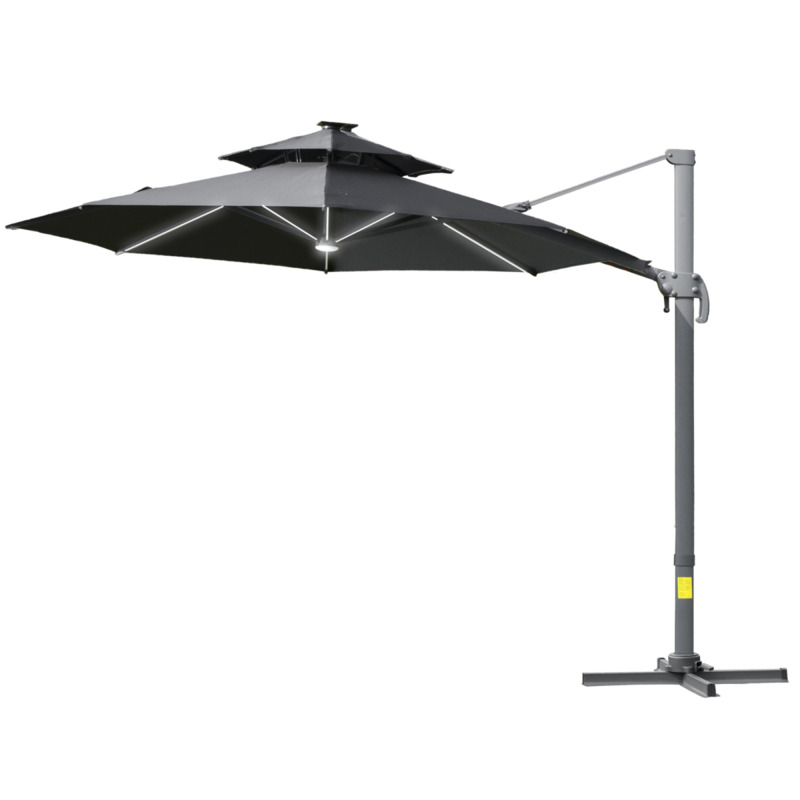 Outsunny 3m Cantilever Parasol With Solar Lights, Power Bank, 360° Spin, And Base - Dark Grey