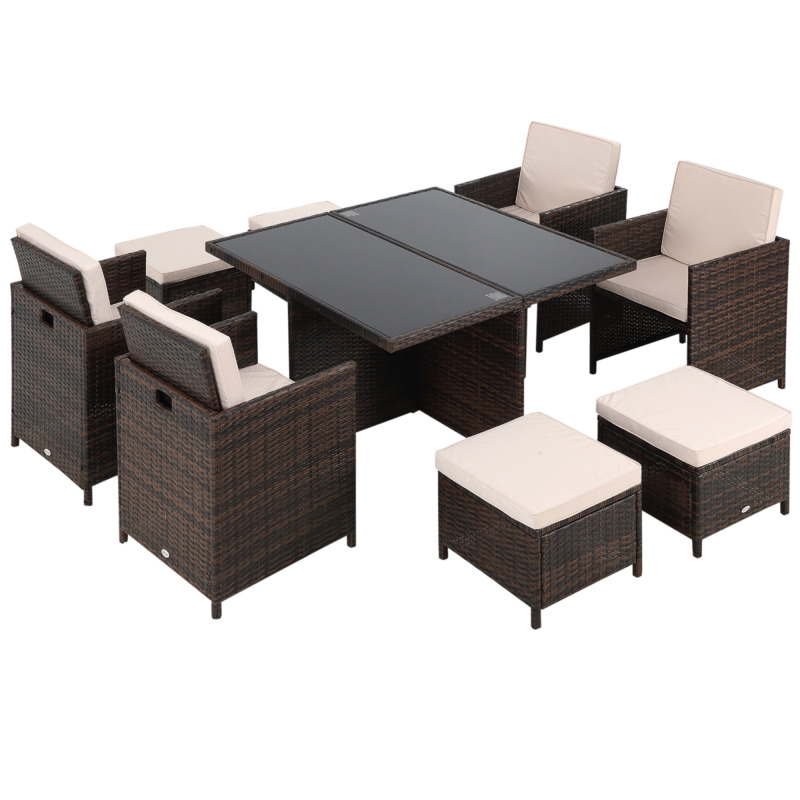 Outsunny 9-piece Rattan Garden Dining Furniture Set - 8 Wicker Chairs With Footrest Table - Brown
