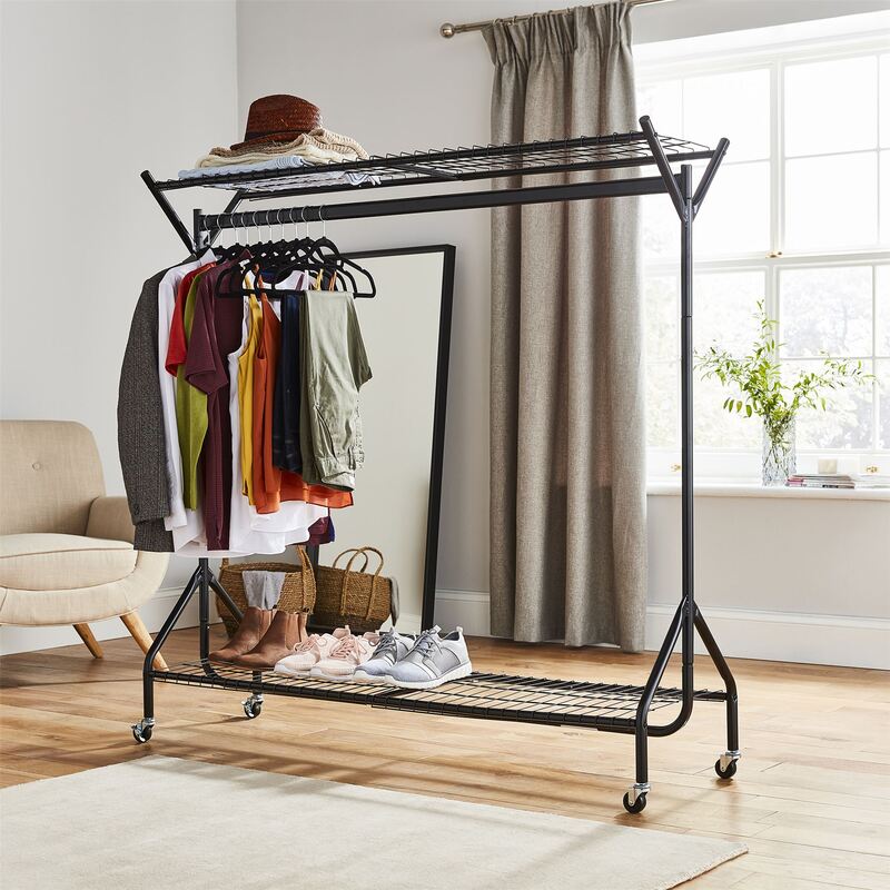 Heavy Duty Hanging Clothes Garment Rail With Shoe Rack & Hat Stand - Black, 5ft Long