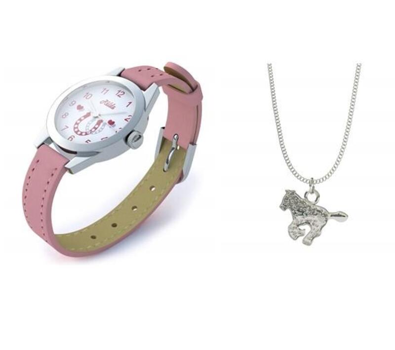 Relda Pink Horse Watch And Jewellery Set - Girls Silvertone Necklace & Bracelet Gift Set