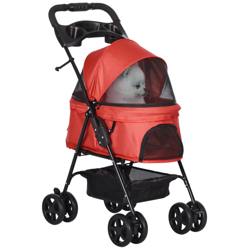 Foldable Pet Stroller No-zip Travel Carriage With Brake & Basket - Adjustable Canopy
