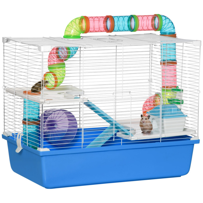 Pawhut Multilevel Hamster Cage With Tubes Exercise Wheel Water Bottle - Blue