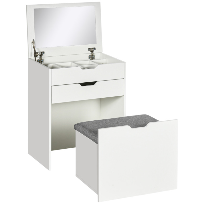 White Dressing Table Set With Flip-up Mirror, Stool, Drawer & Compartments